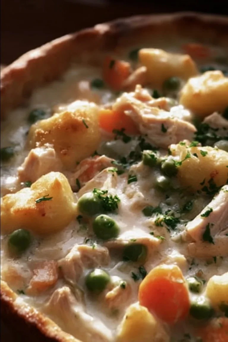 Delicious gnocchi topped chicken pot pie served in a rustic dish
