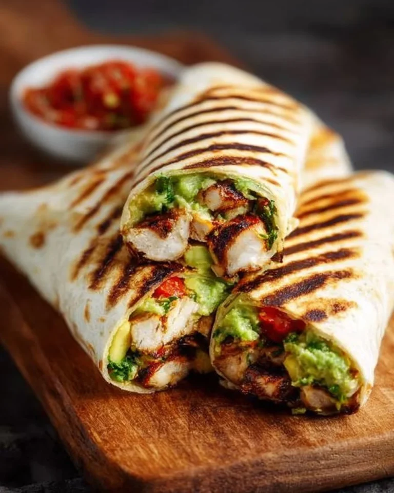 Delicious grilled avocado chicken wraps on a plate with fresh ingredients