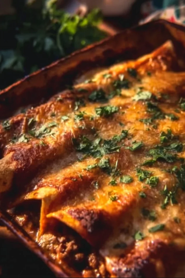 Delicious ground beef enchiladas topped with cheese and fresh herbs