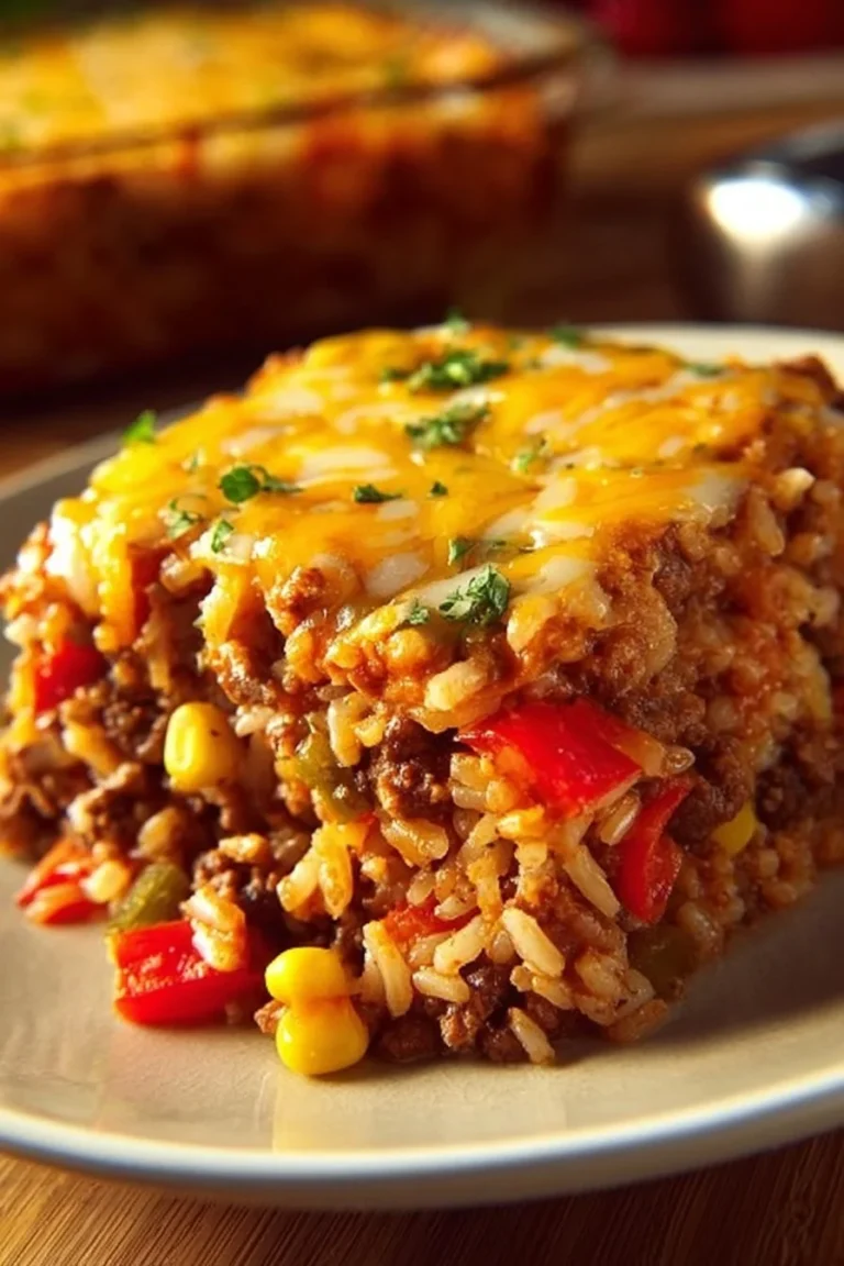 Ground Beef Rice Casserole served in a dish with cheese and herbs