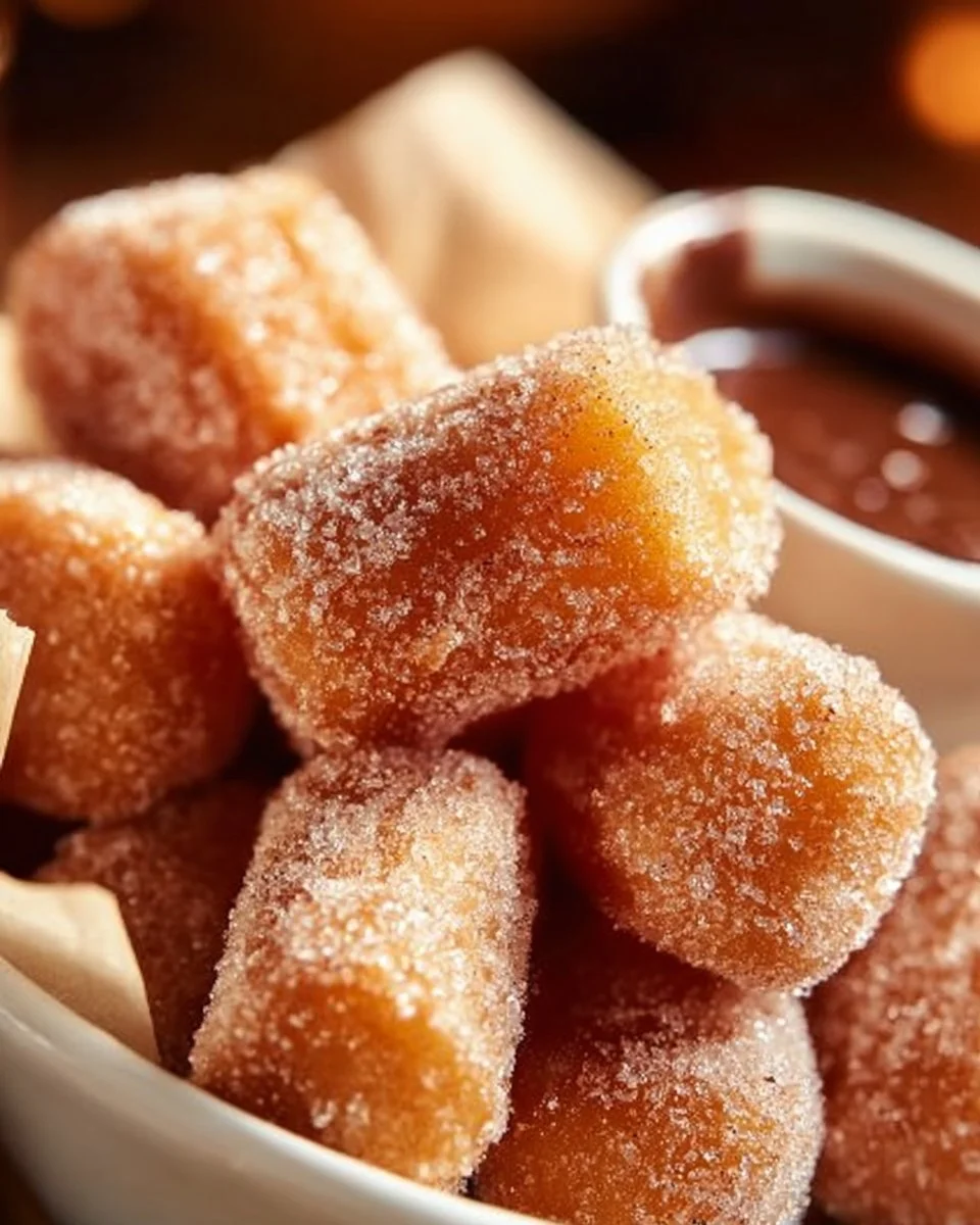 Delicious healthy air fryer churro bites served on a plate with chocolate dip