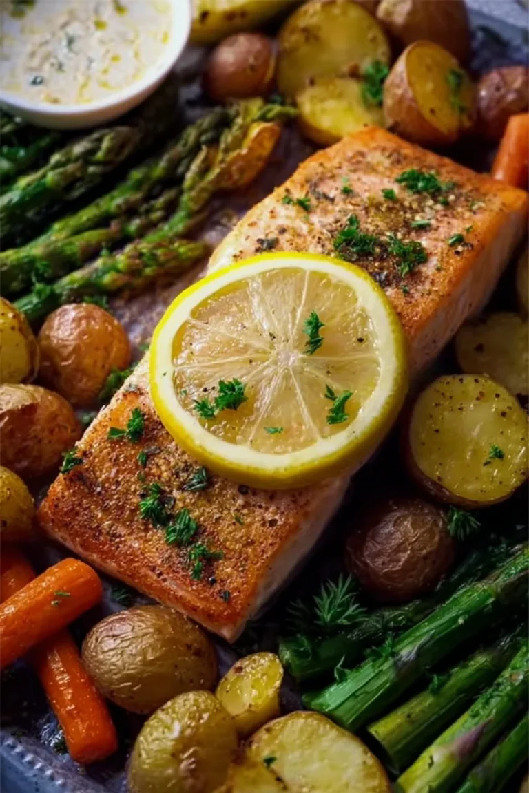 Healthy sheet pan salmon with vegetables ready to serve