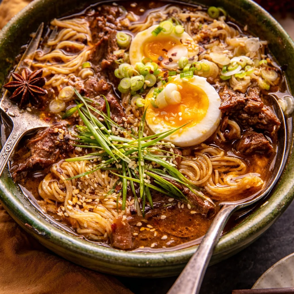 A bowl of spicy ramen beef with tender steak pieces in a rich broth, garnished with vegetables.