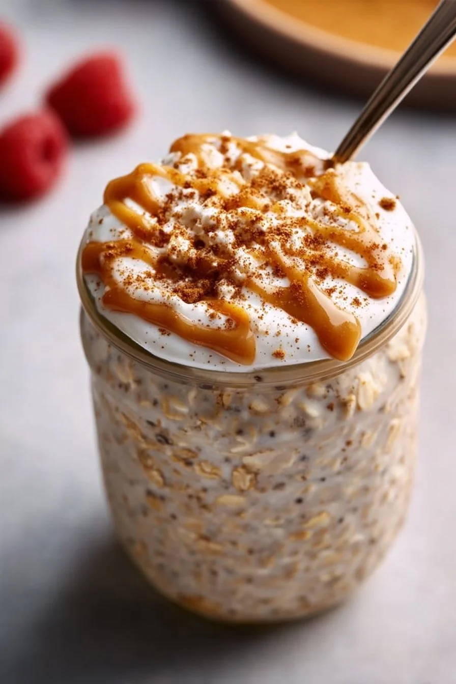High protein cinnamon roll overnight oats in a bowl with toppings