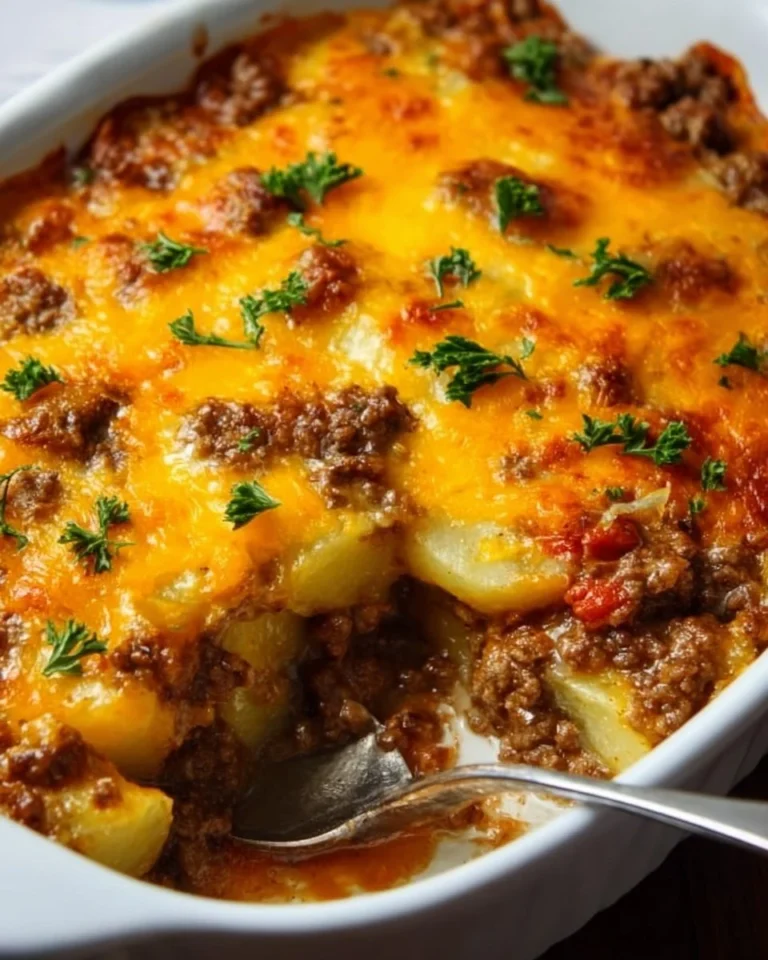 Delicious Hobo Casserole served in a baking dish, featuring layers of meat and vegetables.
