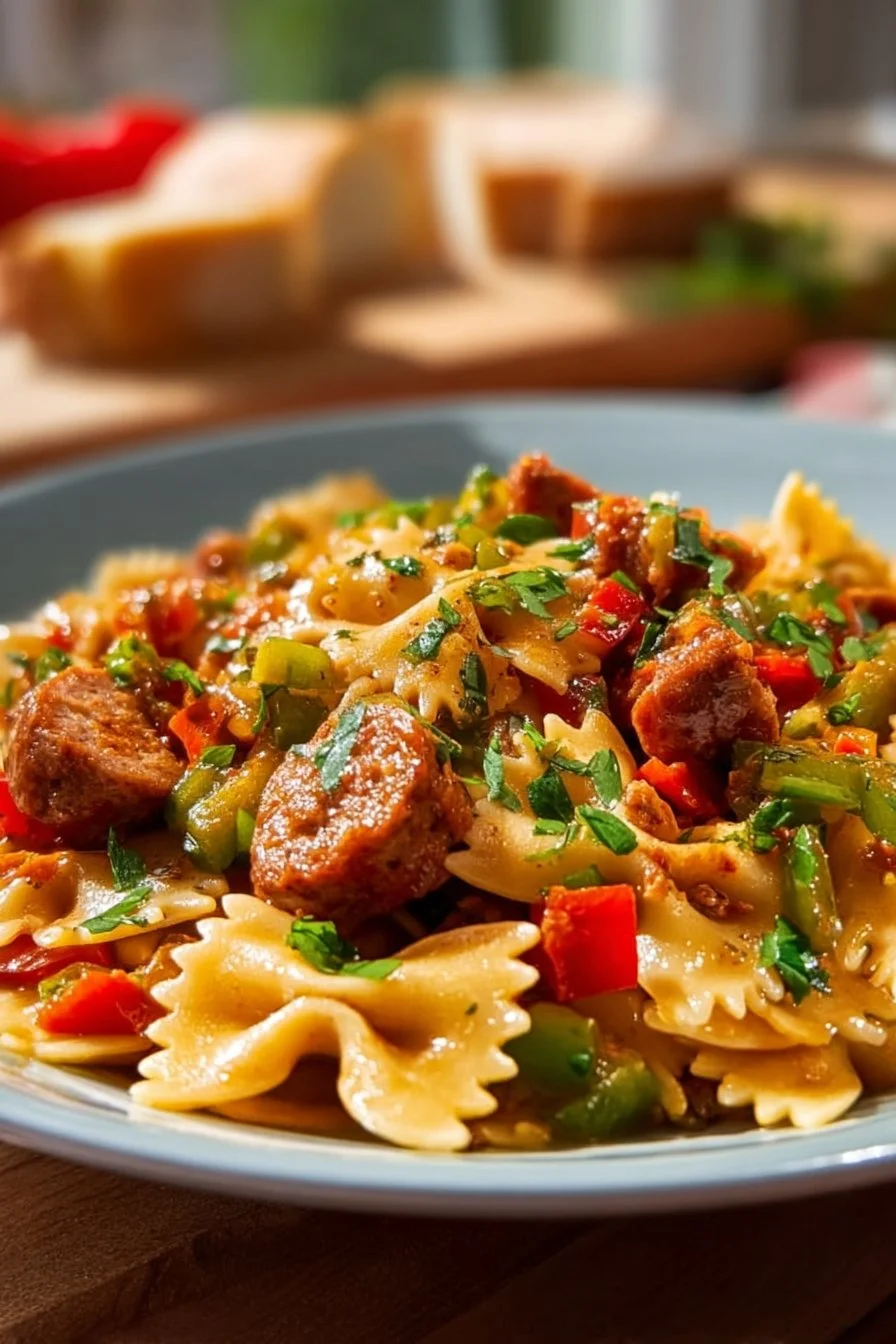 Bowl of homemade Cajun pasta stew with vibrant colors and ingredients.