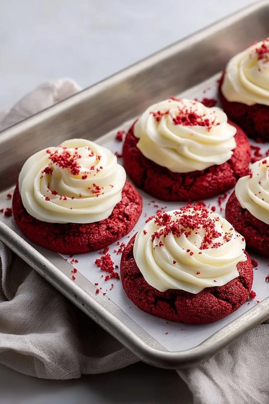 Delicious homemade red velvet cookies inspired by Crumbl bakery