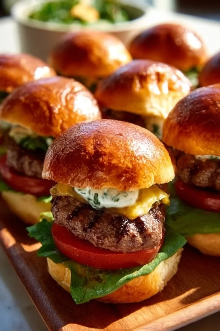 Juicy burger sliders served with garlic aioli on a wooden platter