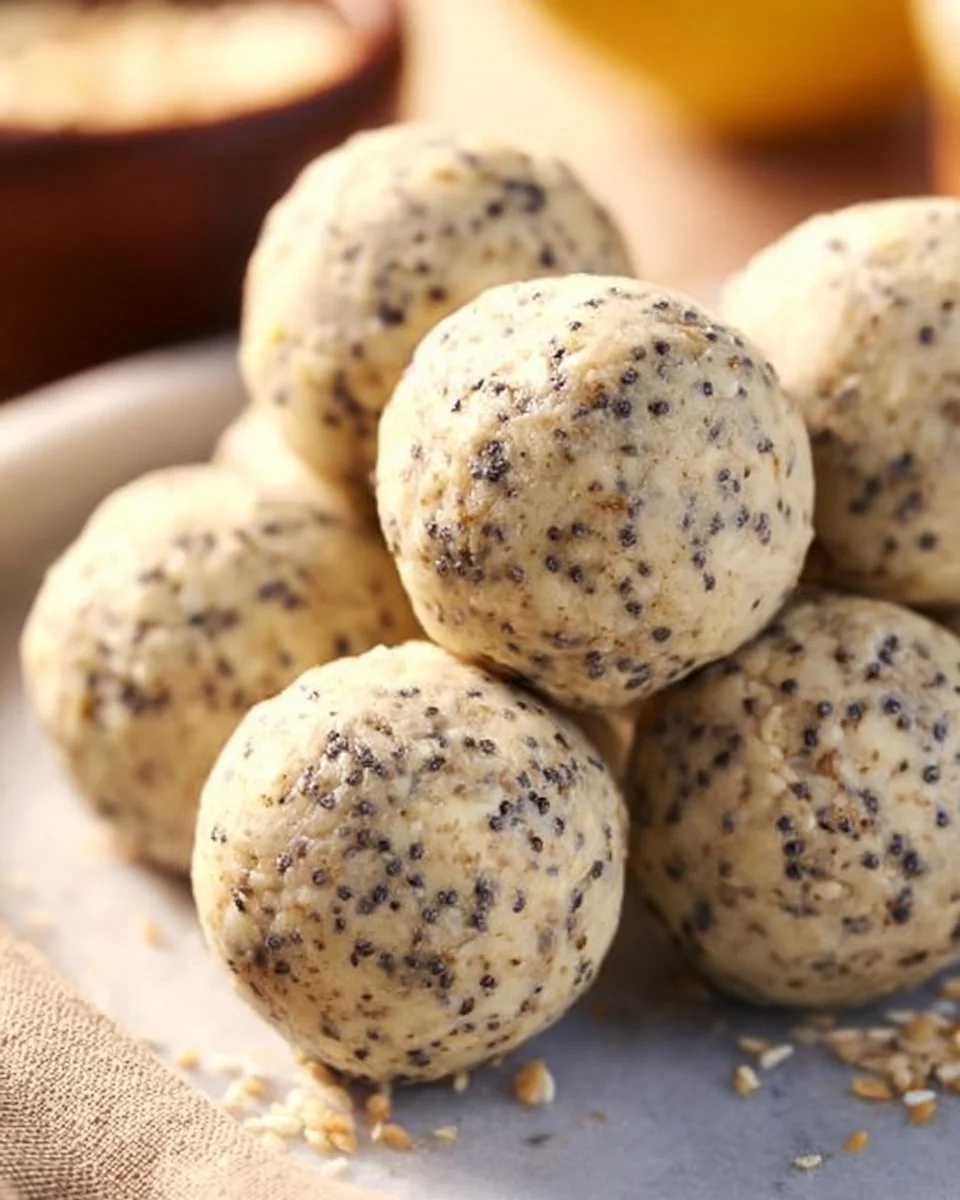 Lemon poppy seed energy bites on a wooden plate with fresh lemons