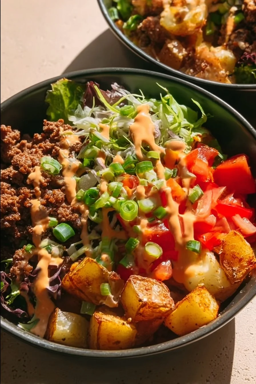 Delicious loaded burger bowls topped with fresh ingredients and savory sauces.