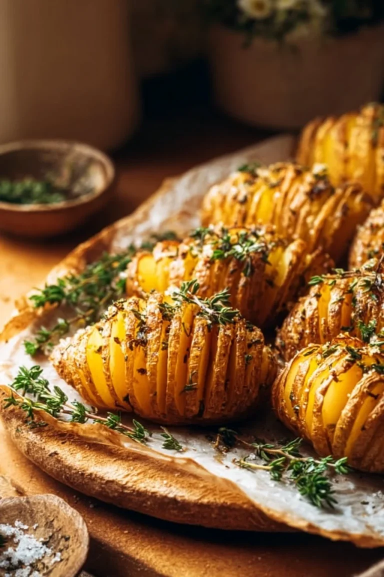 Loaded Garlic Butter Hasselback Potatoes served on a plate with herbs