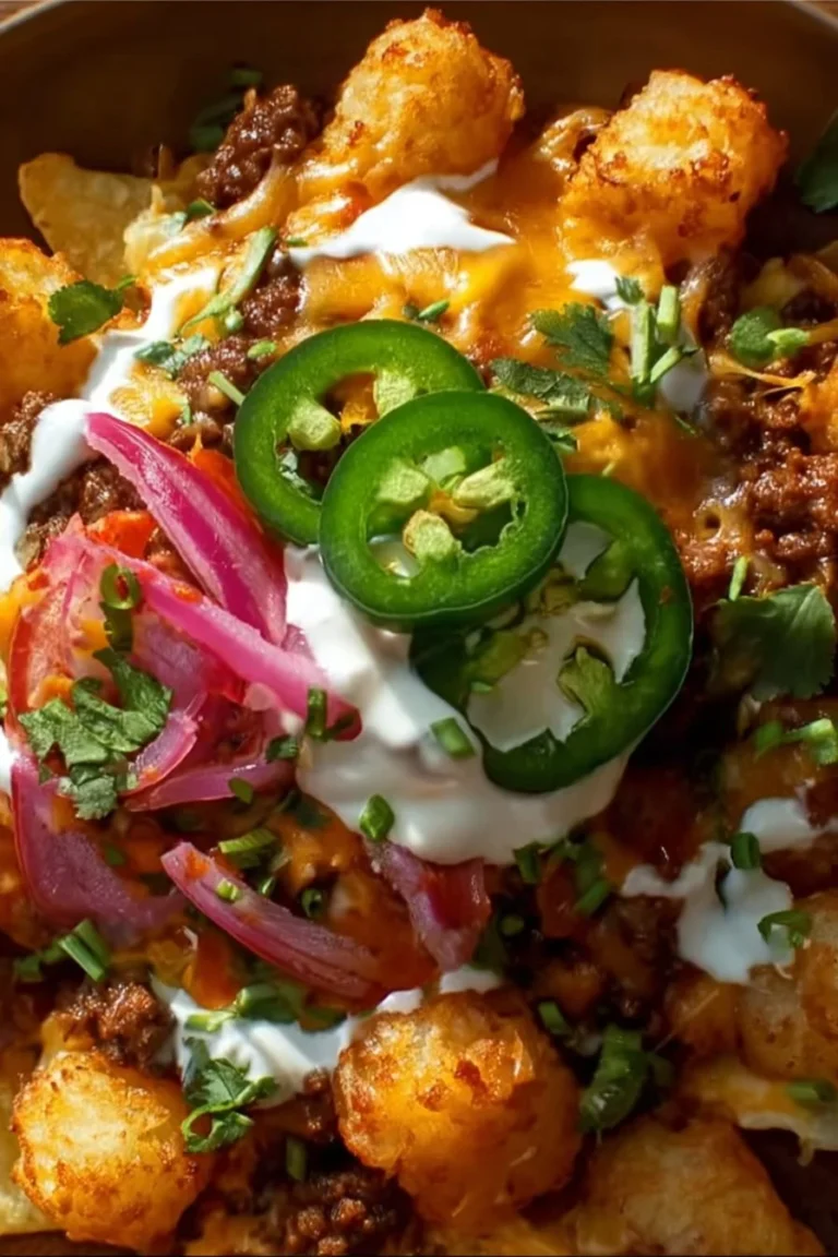 Loaded tater tot nachos topped with cheese, jalapeños, and sour cream.