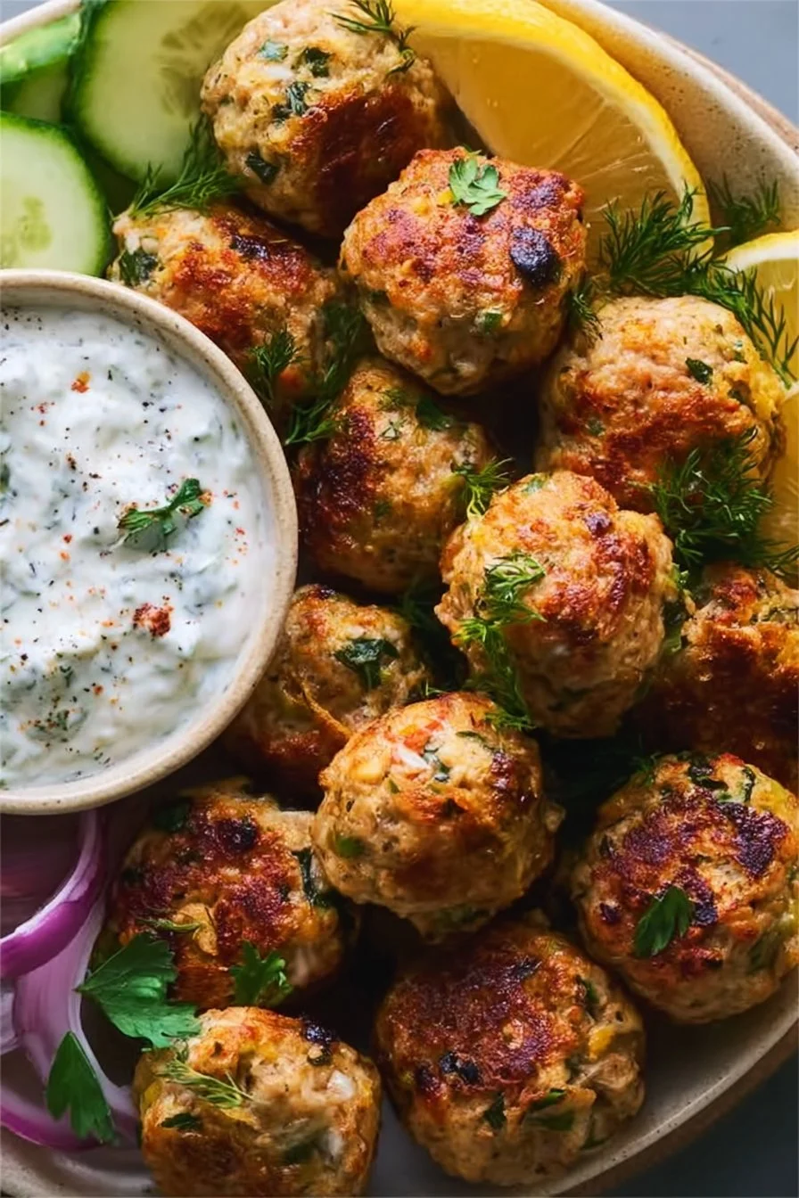 Delicious Mediterranean chicken meatballs served on a plate with herbs.