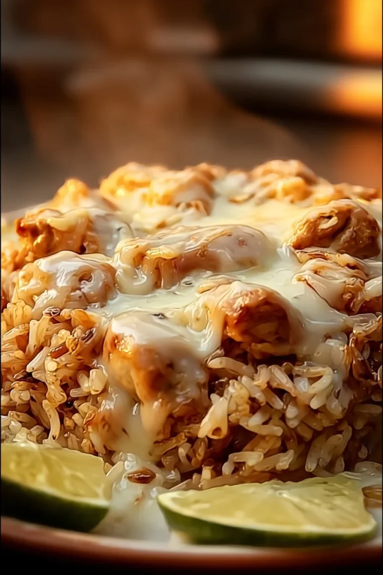 Mexican Cheesy Chicken and Rice dish topped with cheese and spices