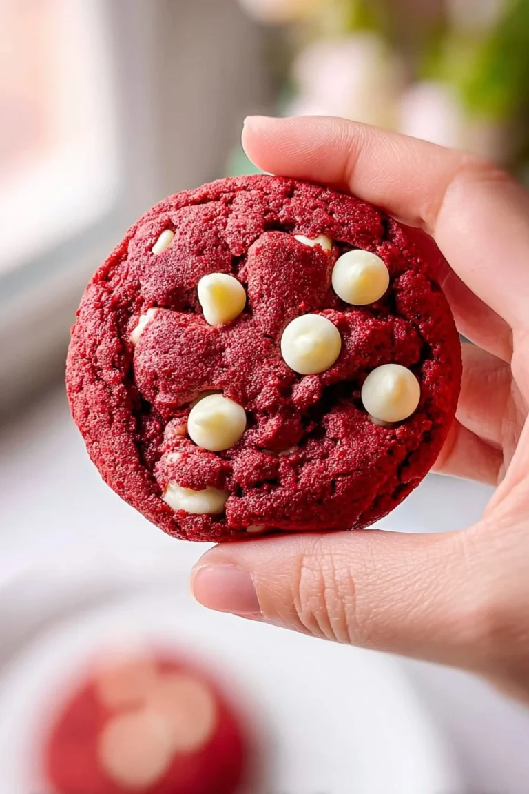 Mini small batch red velvet cookies on a plate, garnished with cream cheese frosting.