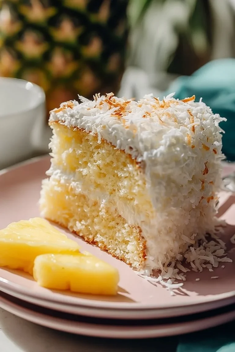 Moist Hawaiian Coconut Cake with coconut toppings on a white plate