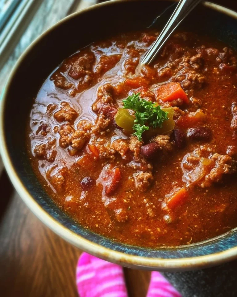 Bowl of Mom's Award-Winning Chili garnished with cilantro and served with cornbread