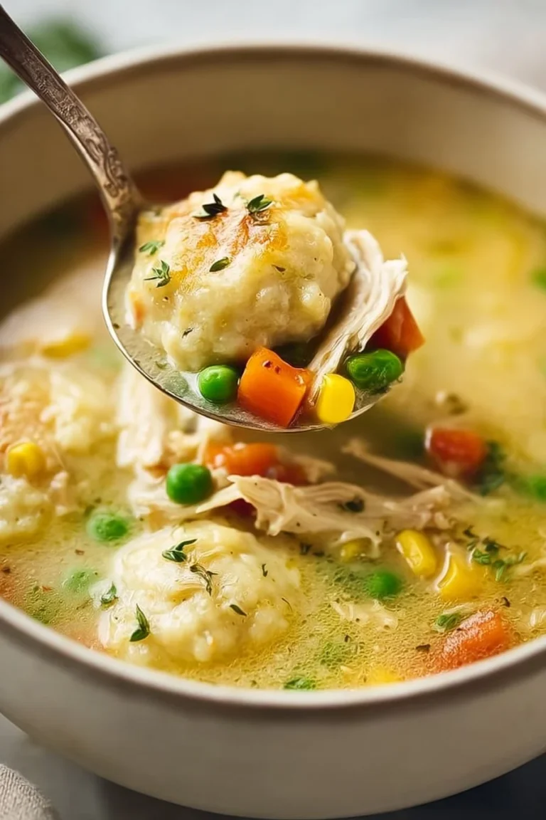 Bowl of mouthwatering chicken pot pie soup garnished with herbs