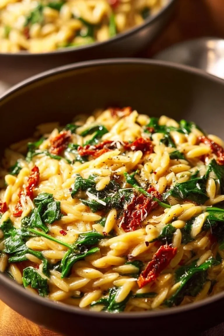 Bowl of creamy Tuscan orzo with fresh vegetables and herbs