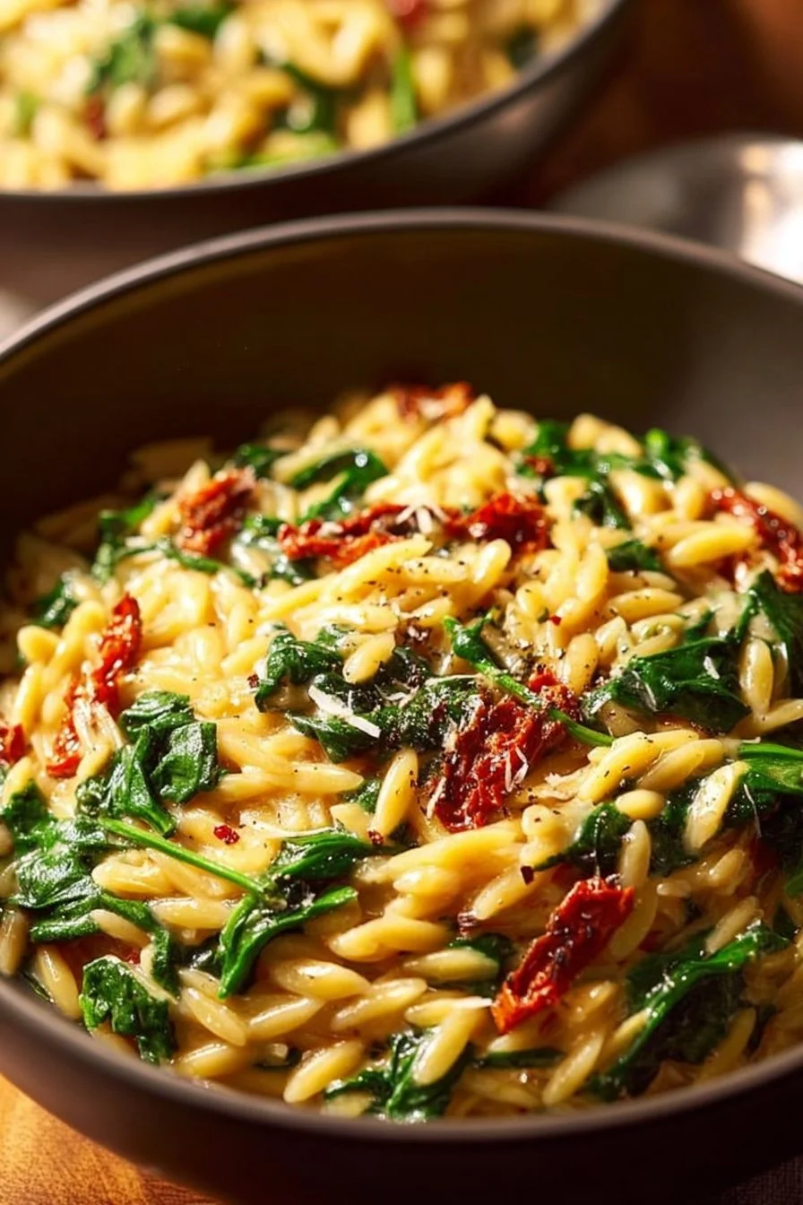 Bowl of creamy Tuscan orzo with fresh vegetables and herbs
