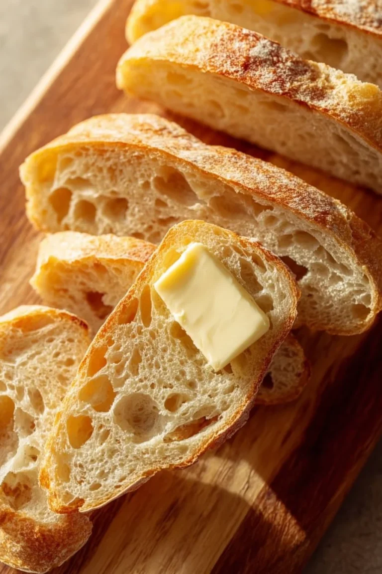 Freshly baked no knead bread loaf on a wooden cutting board.