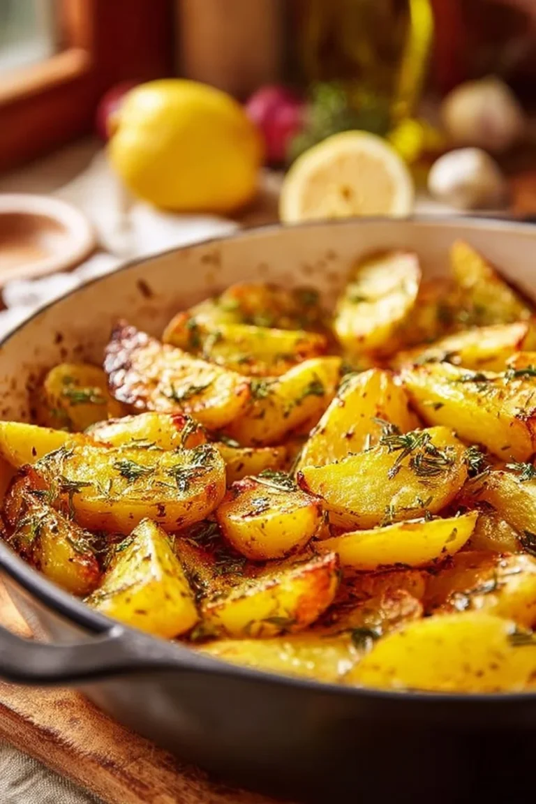 Oregano Greek Lemon Potatoes garnished with fresh herbs