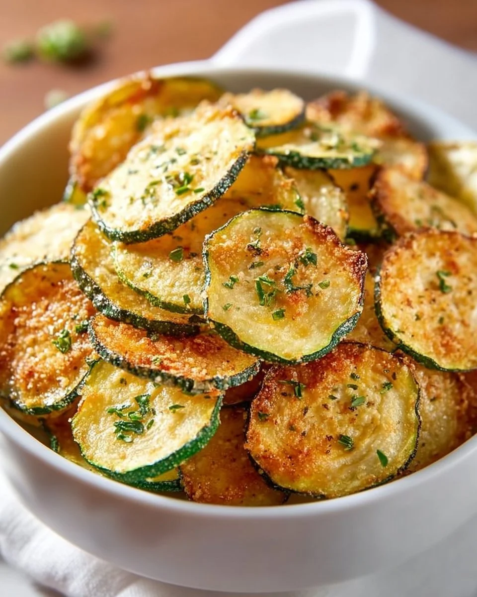Crispy oven-baked zucchini chips on a plate, perfect snack option.