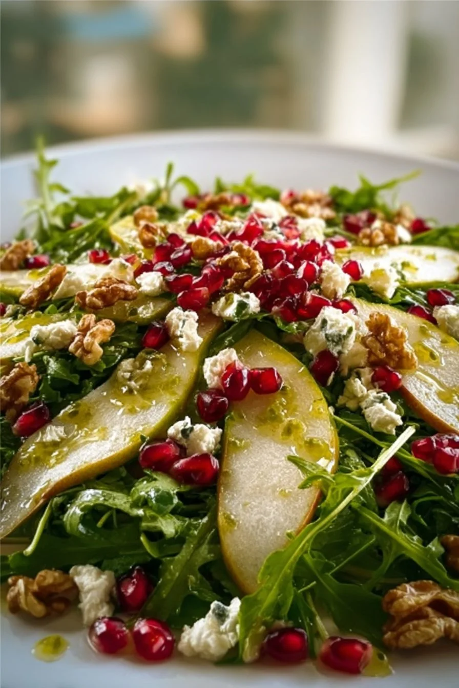 Fresh Pear and Arugula Salad with nuts and dressing on a plate