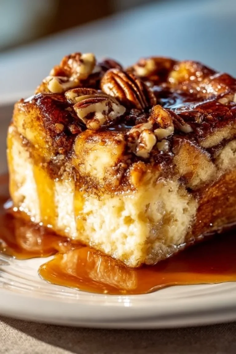 A delicious serving of Pecan Pie Bread Pudding topped with pecans and caramel sauce.