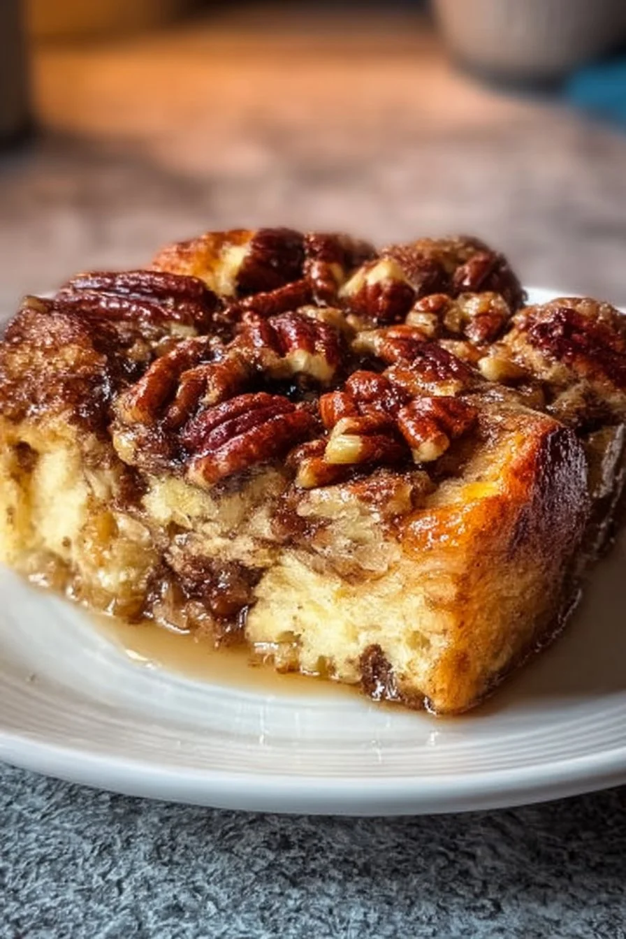 Delicious Pecan Pie Bread Pudding served with caramel sauce