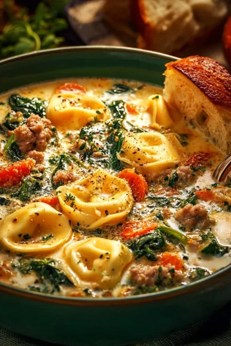 Bowl of quick sausage tortellini soup with spinach garnished with herbs.