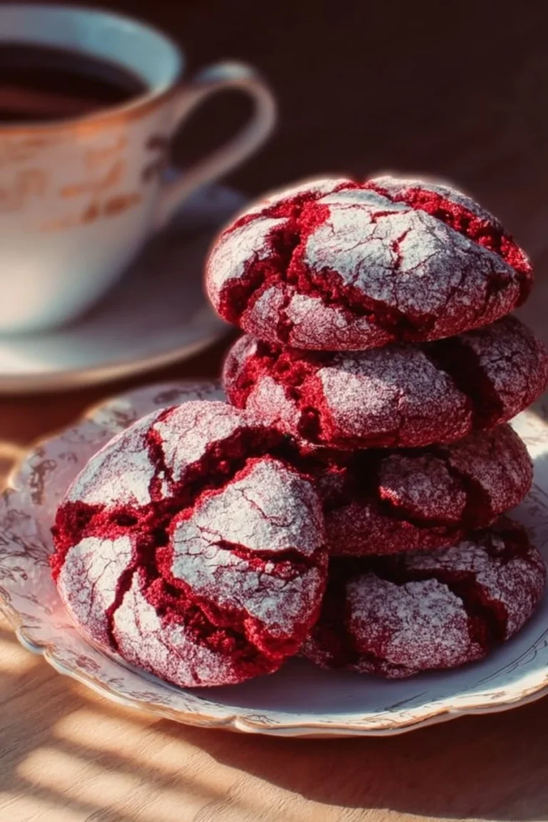Freshly baked Red Velvet Crinkle Cookies with powdered sugar coating