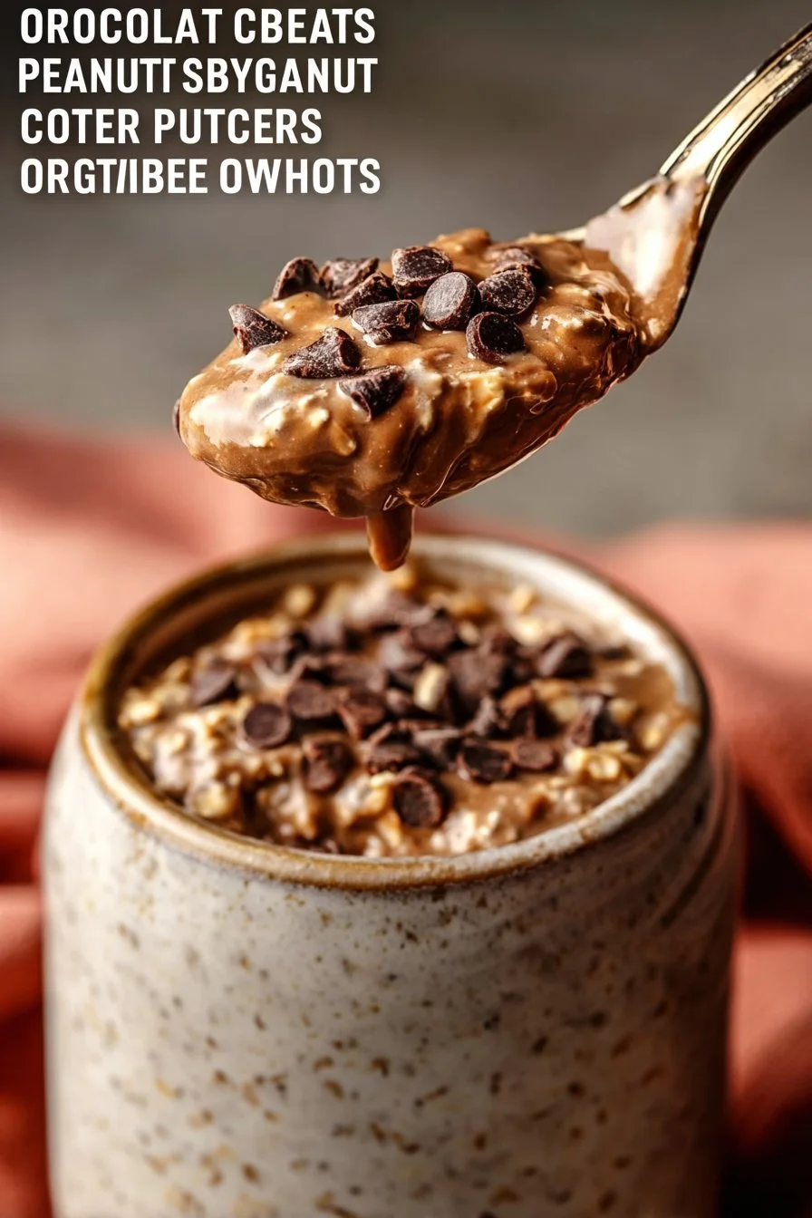 Bowl of rich chocolate peanut butter overnight oats topped with chocolate and nuts