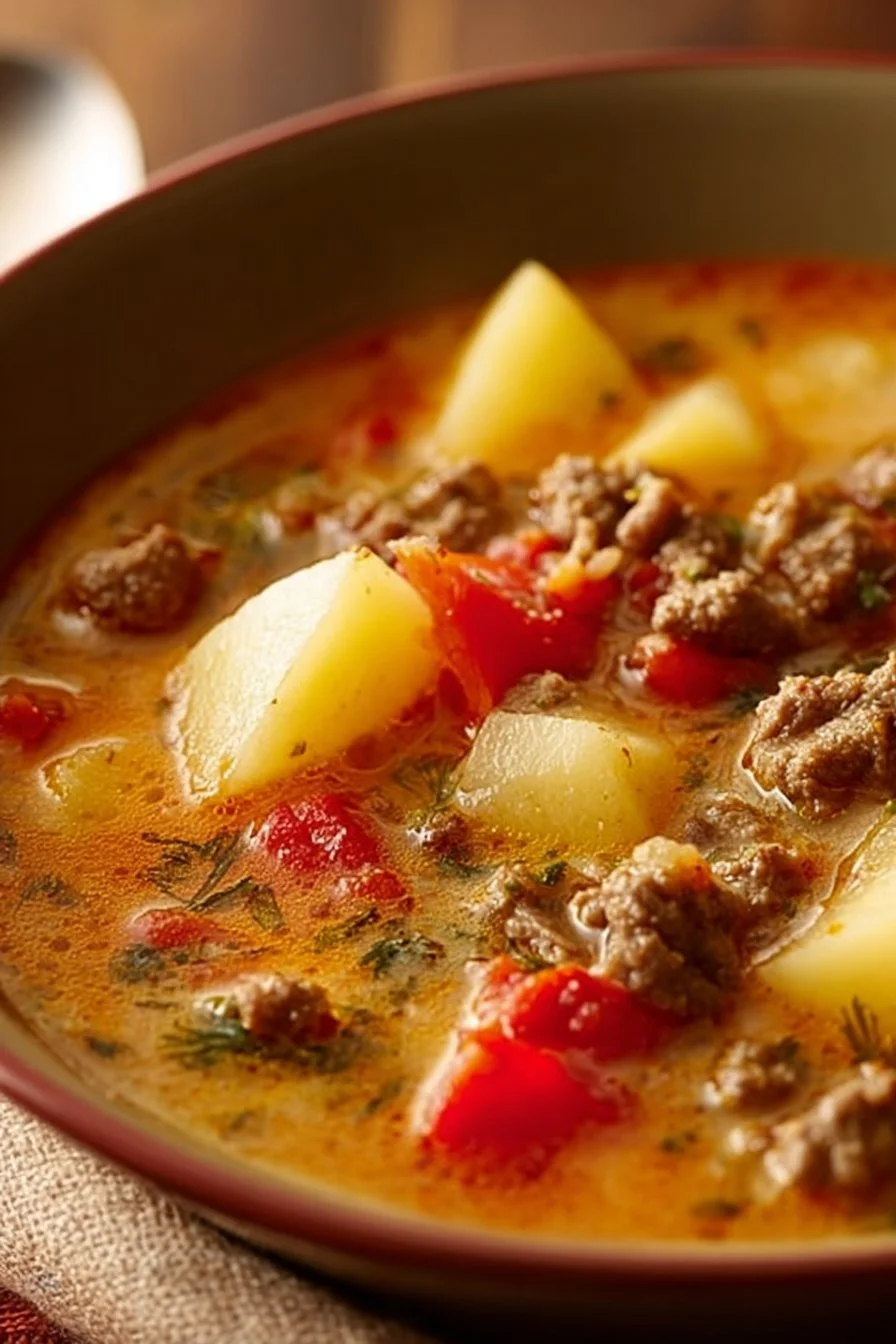 Delicious crock pot ground beef potato soup served in a bowl