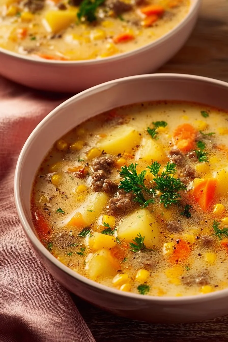 Rich ground beef potato soup served in a bowl with fresh herbs and spices.