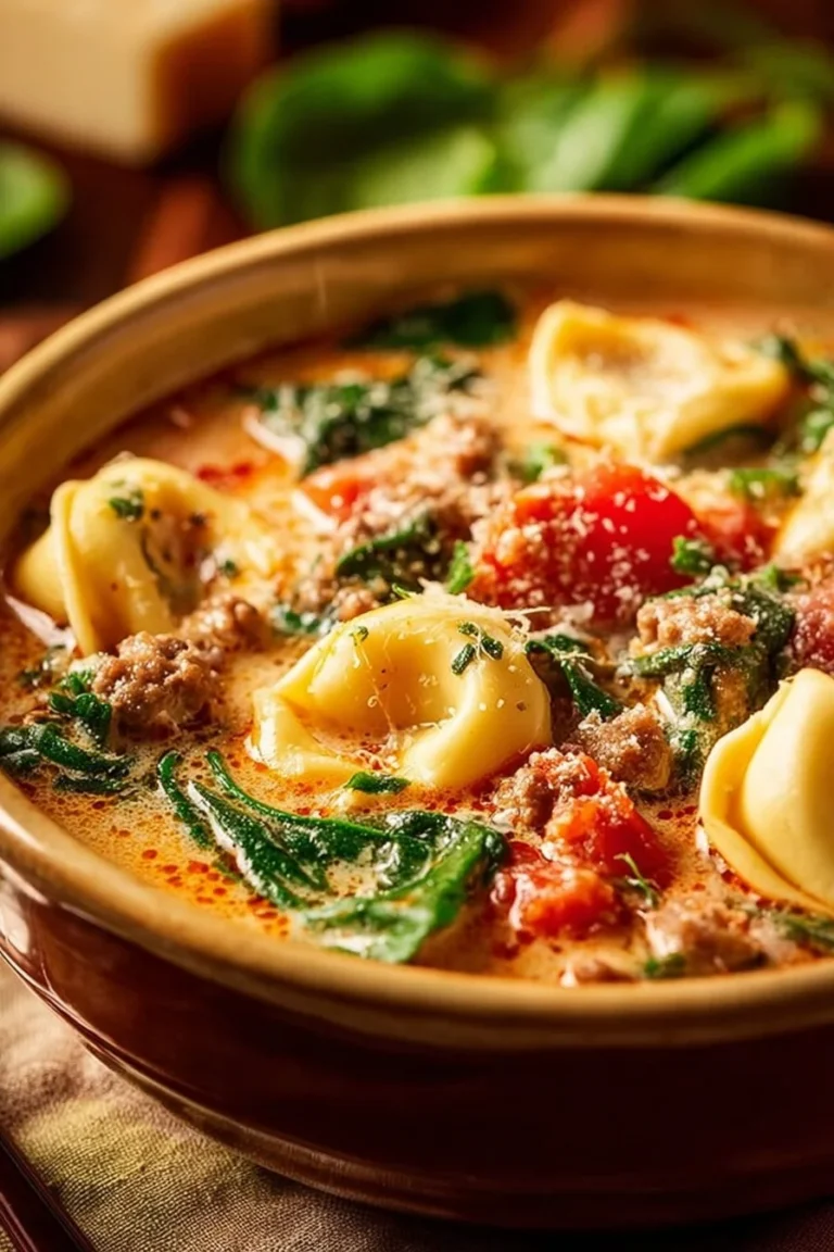 Bowl of rich Italian sausage tortellini soup garnished with herbs