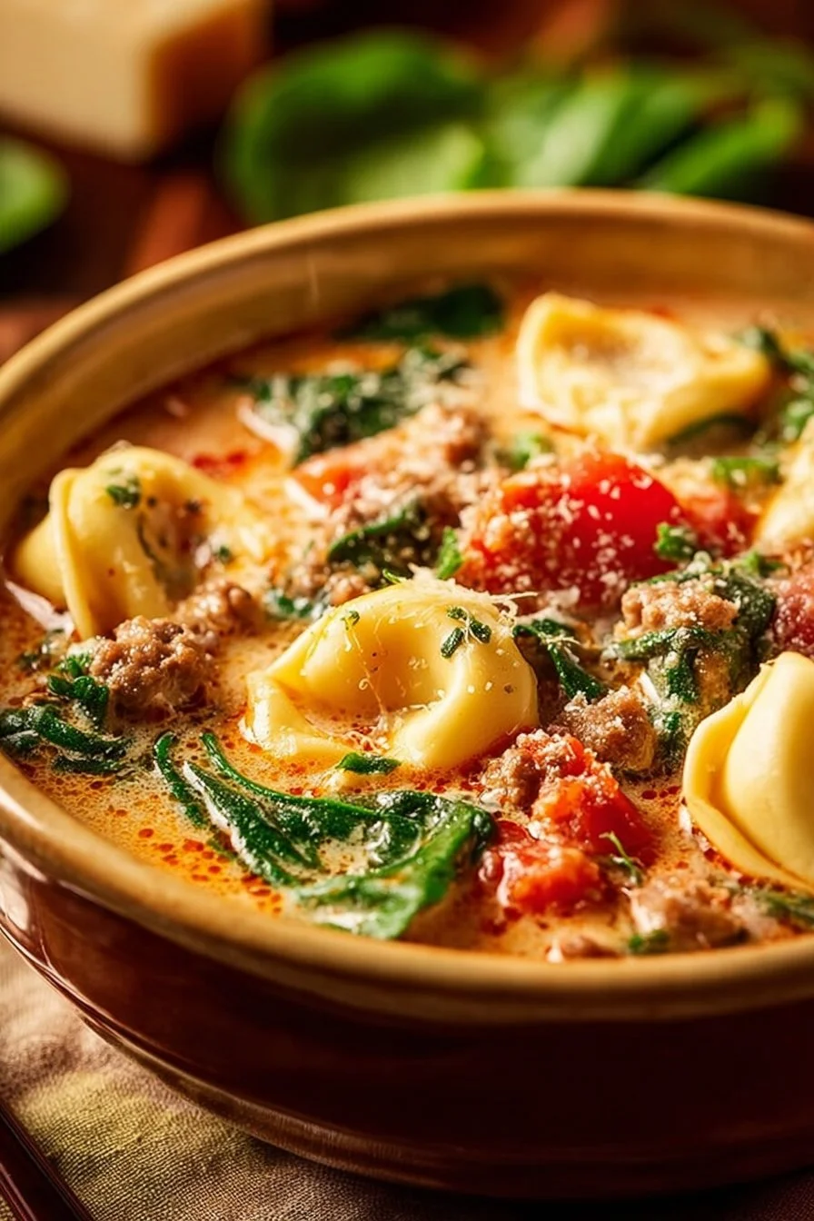 Bowl of rich Italian sausage tortellini soup garnished with herbs