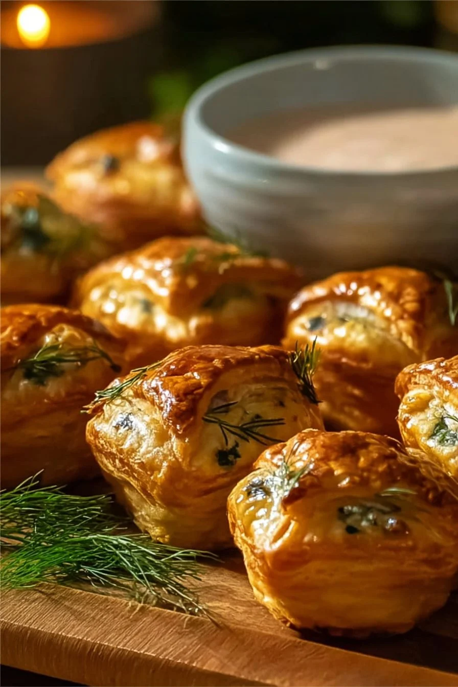Savory Salmon Wellington pastry bites ready to be served as an appetizer.