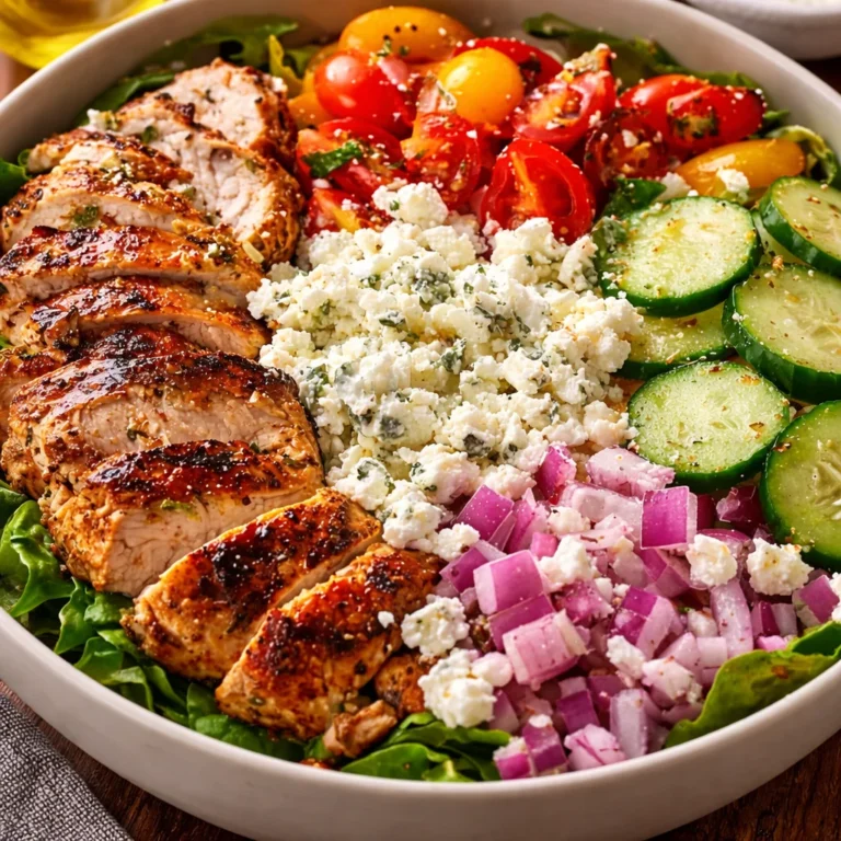 A colorful bowl of Greek Chicken Bowls with grilled chicken, veggies, and tzatziki sauce.