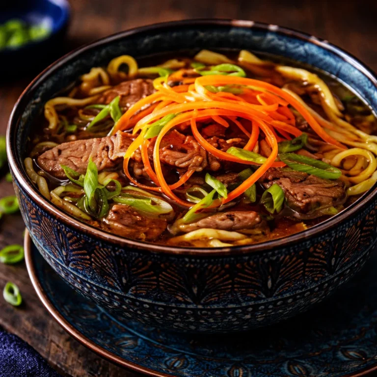 Delicious Ginger Beef & Noodle Bowl with garlic, veggies, and savory sauce.