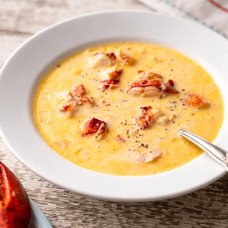 A bowl of lobster and scallop chowder showcasing rich seafood flavors and creamy texture.