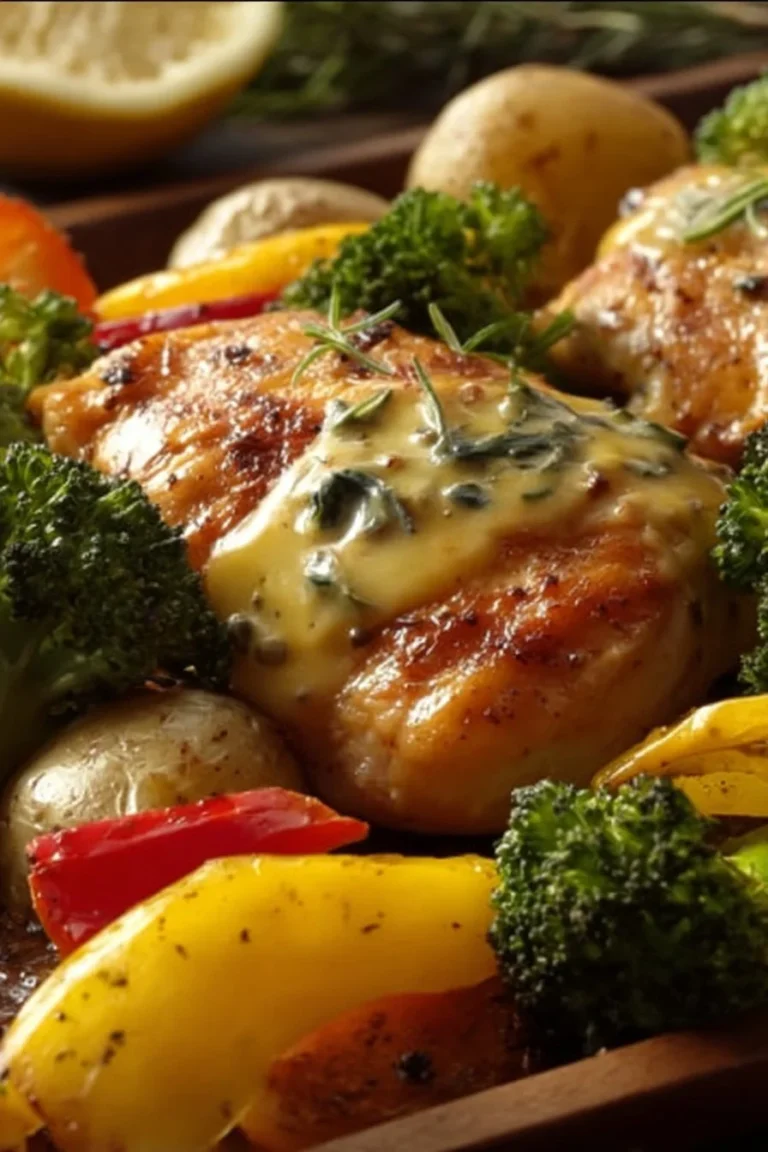 Sheet pan honey mustard chicken thighs with colorful roasted veggies