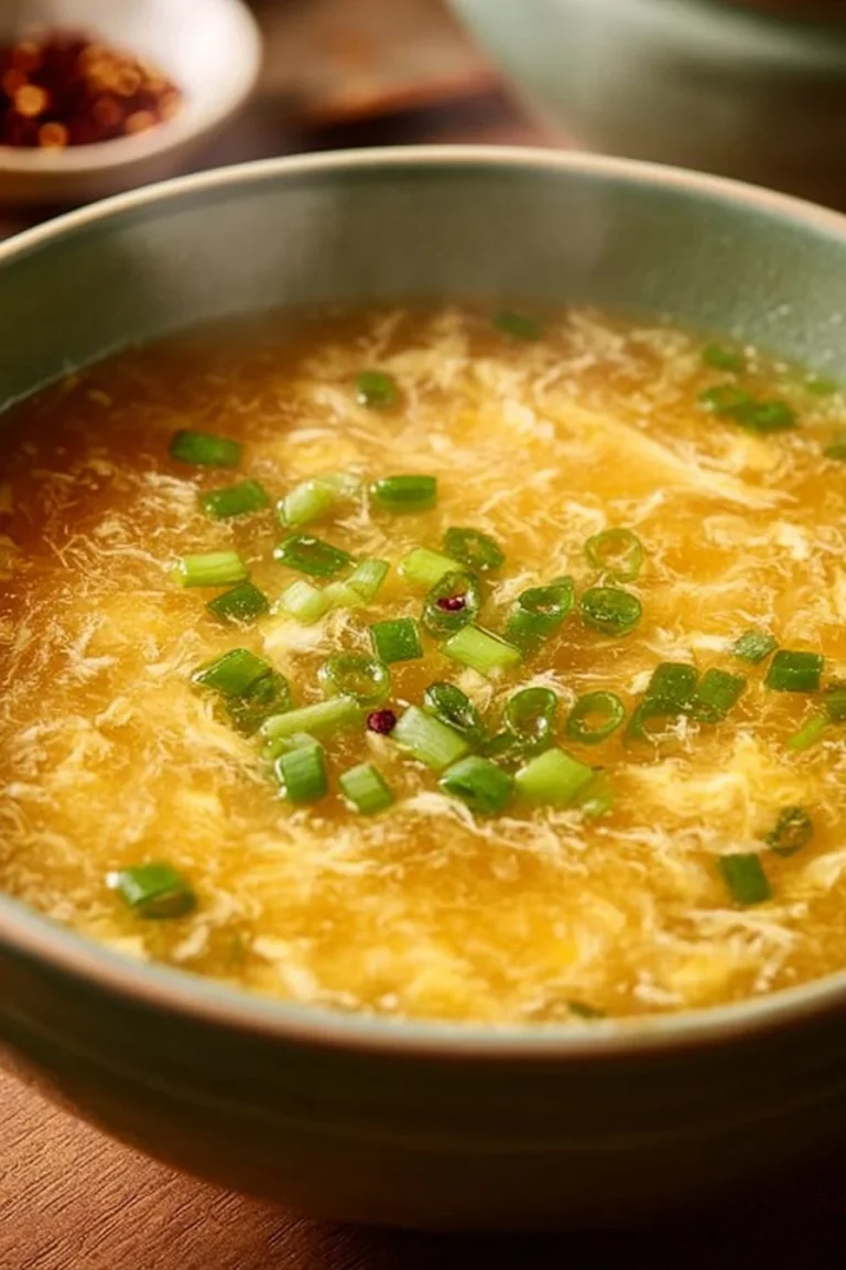 Bowl of simple keto egg drop soup garnished with green onions