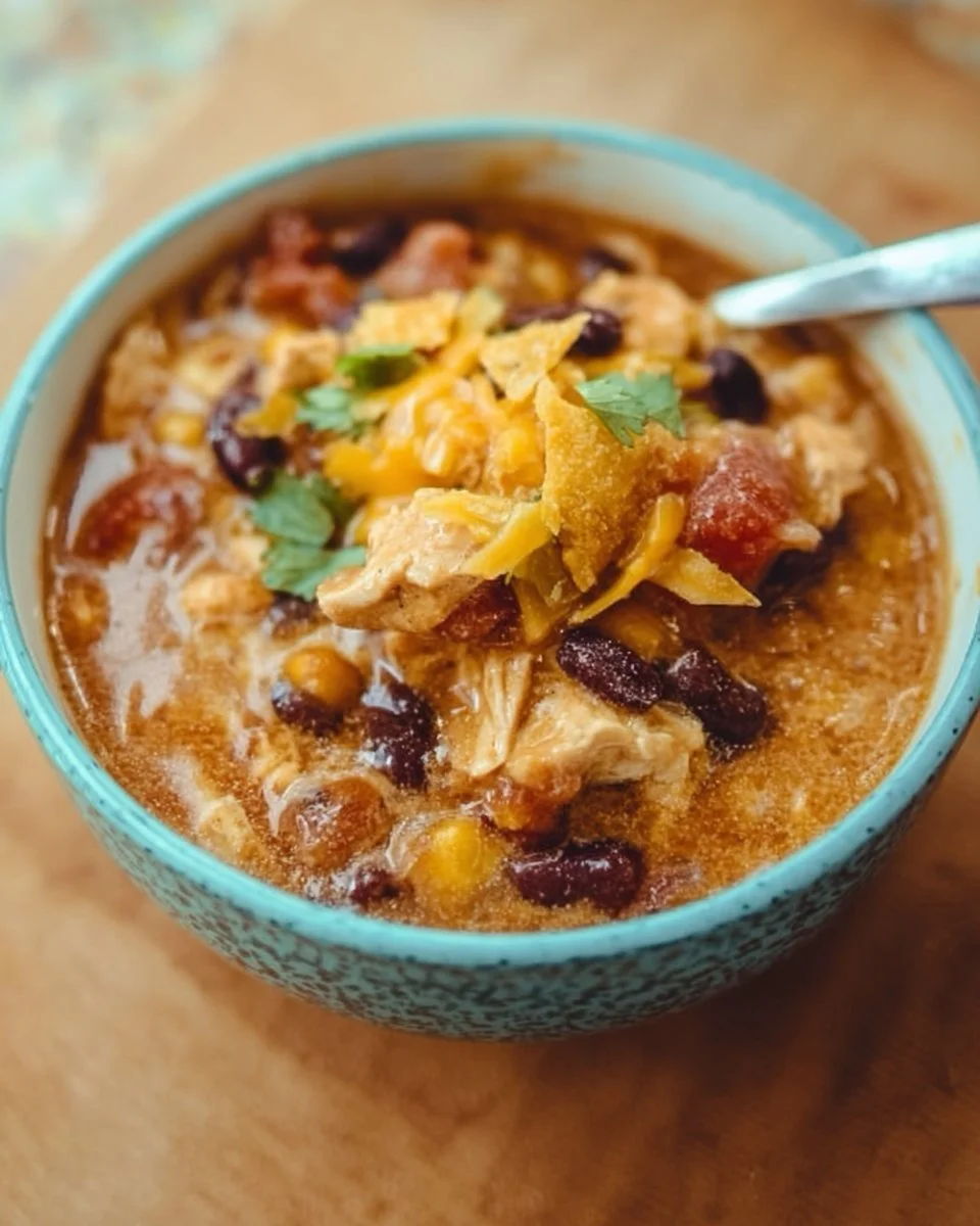 Delicious bowl of slow cooker cheesy chicken chili topped with cheese and herbs