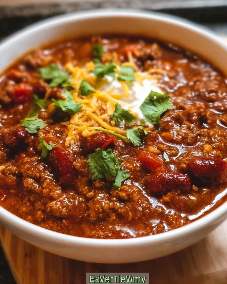 Bowl of slow-cooker chili topped with cheese and garnished with herbs