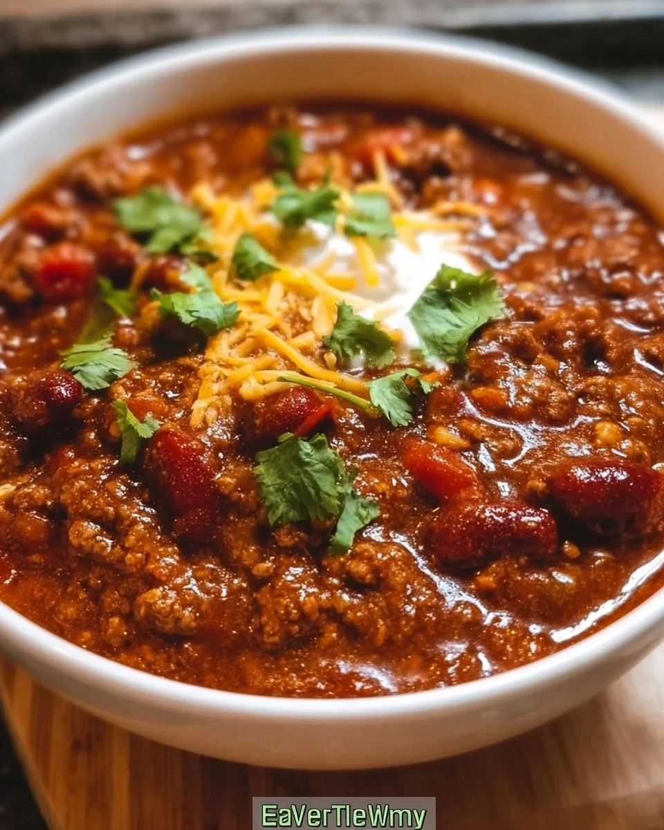 Bowl of slow-cooker chili topped with cheese and garnished with herbs