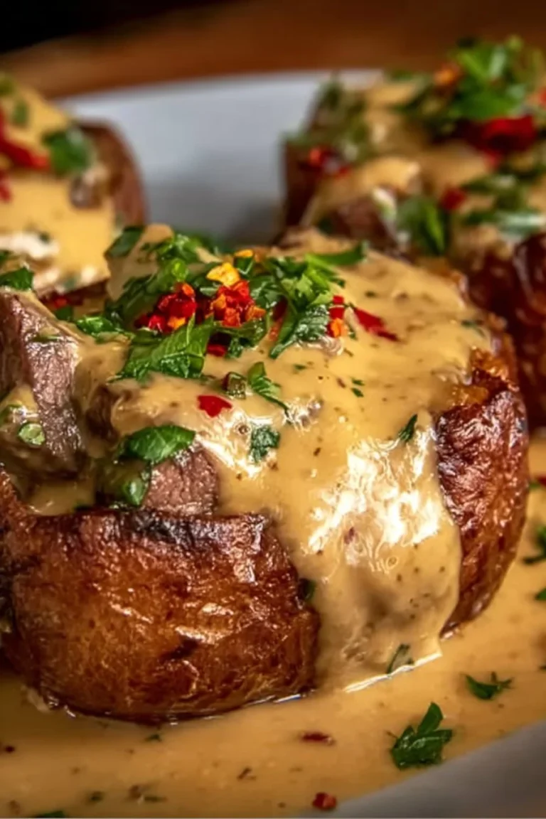 Delicious steak stuffed potatoes with Parmesan cream sauce on plate