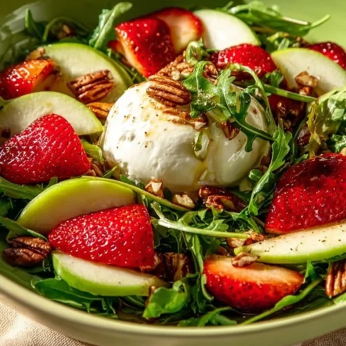 Strawberry Burrata Salad with arugula and vinaigrette on a serving plate