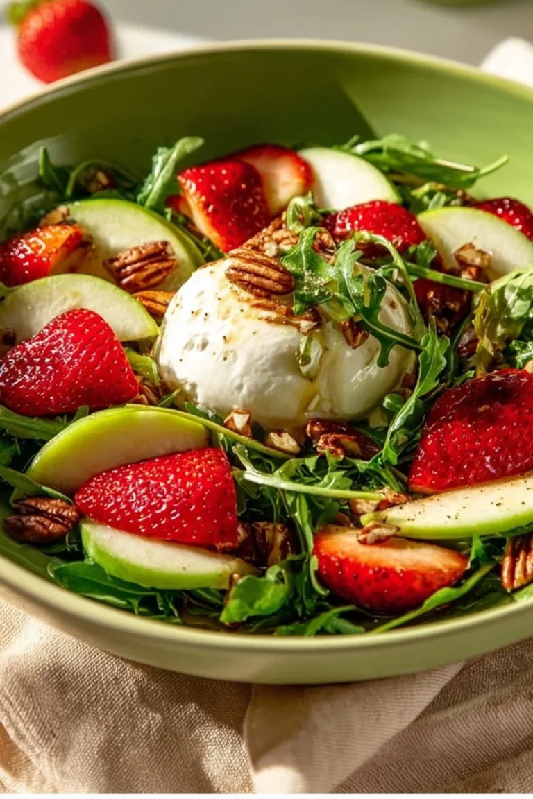 Strawberry Burrata Salad with arugula and vinaigrette on a serving plate