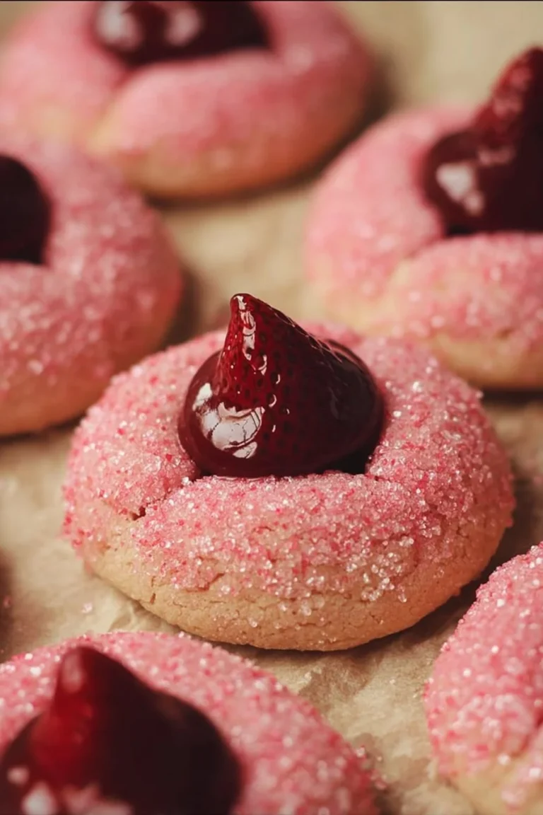 Delicious homemade Strawberry Kiss Cookies with a sweet strawberry center